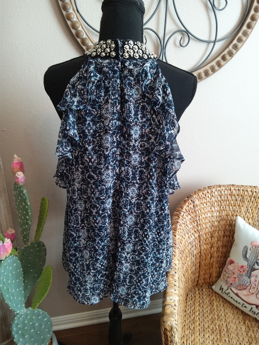 Jennifer Lopez Navy Floral Embellished Halter Camisole - Picture 8 of 12